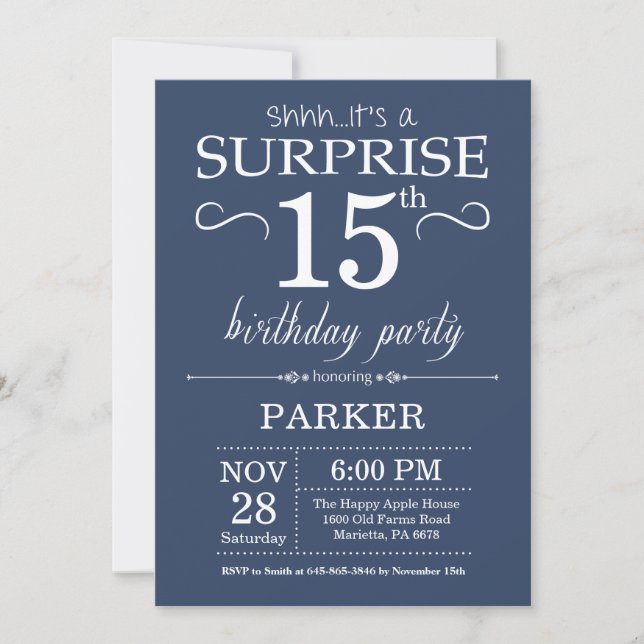Surprise 15th Birthday Invitation Blue (Front)