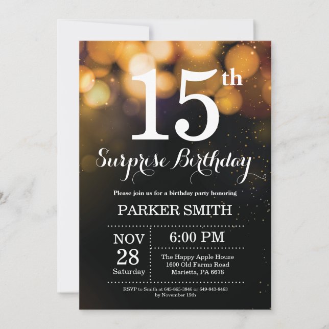 Surprise 15th Birthday Invitation Gold Glitter (Front)