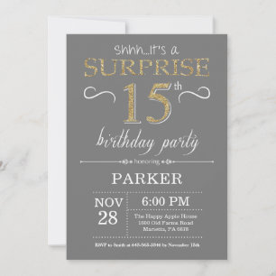 Surprise 15th Birthday Invitation Grey and Gold