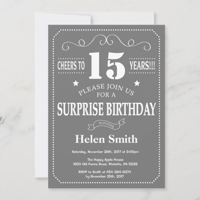 Surprise 15th Birthday Invitation Grey and White (Front)