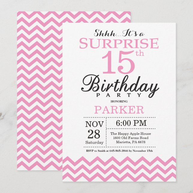 Surprise 15th Birthday Invitation Pink Chevron (Front/Back)