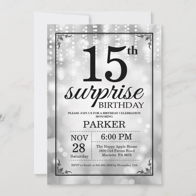 Surprise 15th Birthday Invitation Silver Glitter (Front)