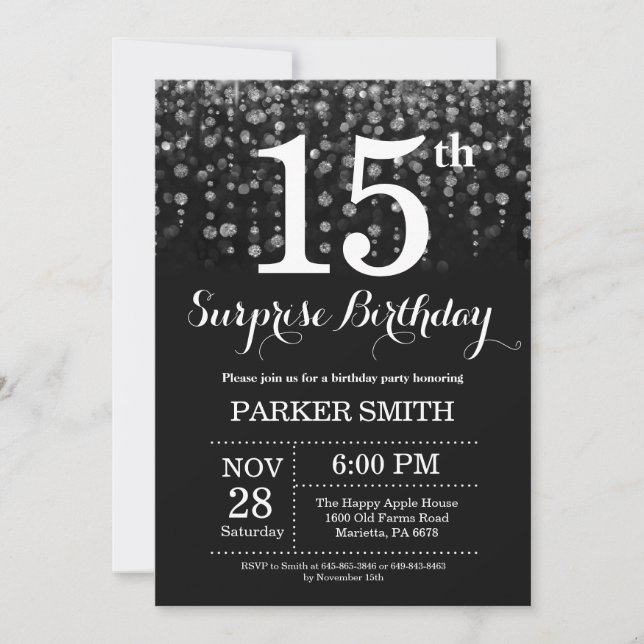 Surprise 15th Birthday Invitation Silver Glitter (Front)