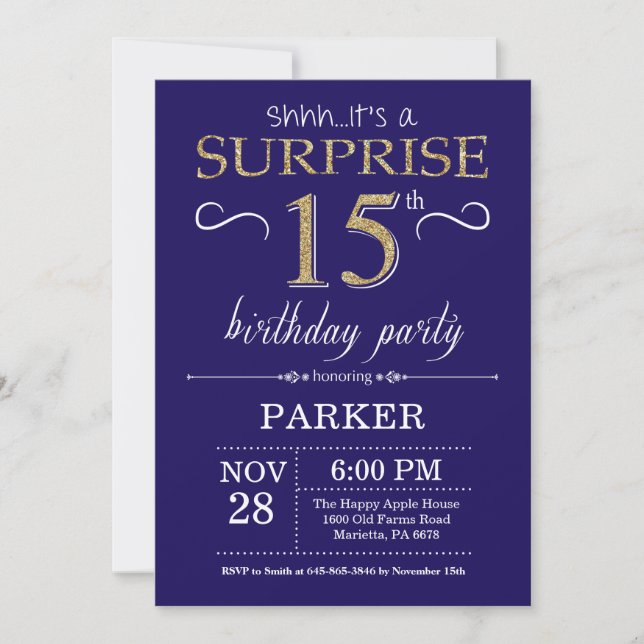 Surprise 15th Birthday Navy Blue and Gold Glitter Invitation (Front)