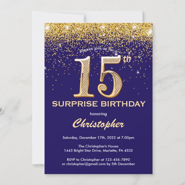 Surprise 15th Birthday Navy Blue and Gold Glitter Invitation (Front)