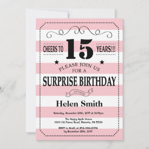 Surprise 15th Birthday Pink and White Stripes Invitation