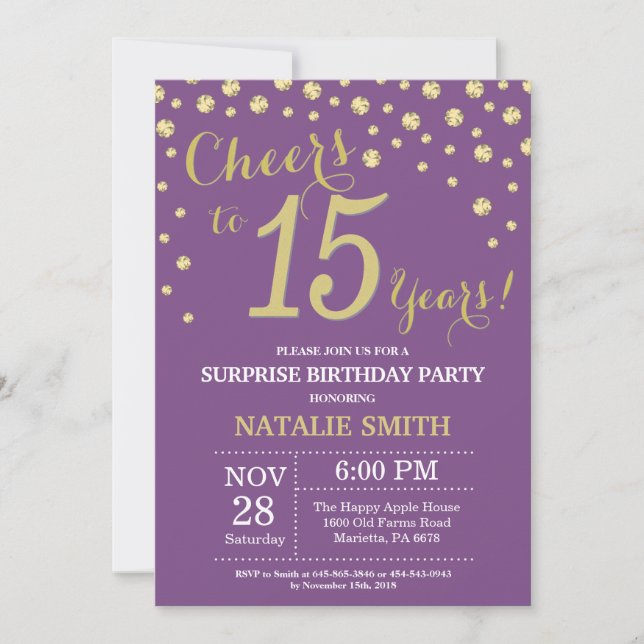 Surprise 15th Birthday Purple and Gold Diamond Invitation (Front)