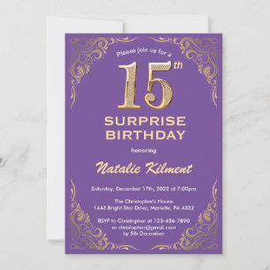 Surprise 15th Birthday Purple and Gold Glitter Invitation