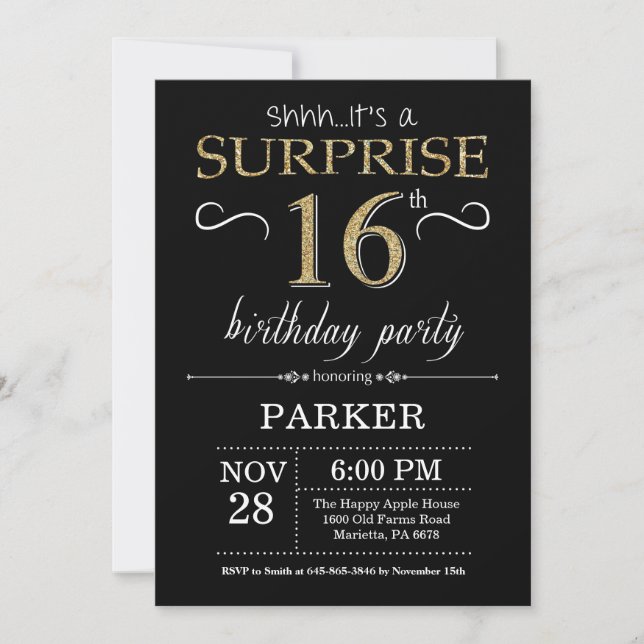 Surprise 16e anniversaire Invitation Black and Gol (Devant)