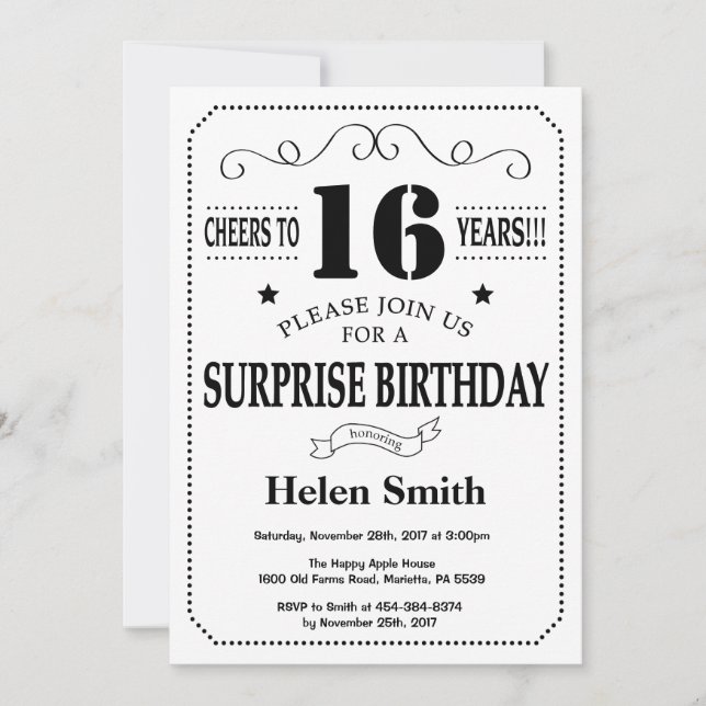Surprise 16e anniversaire Invitation noir et blanc (Devant)