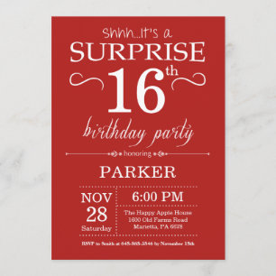 Surprise 16e anniversaire Invitation Rouge