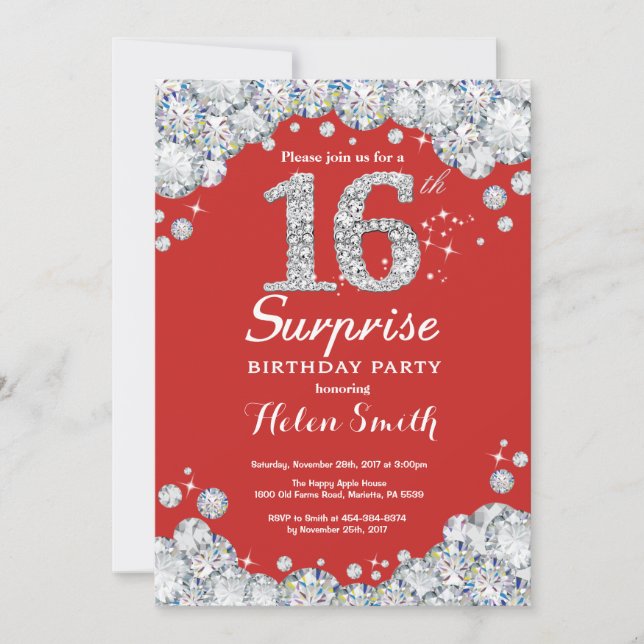 Surprise 16e anniversaire Invitation Silver Diamon (Devant)
