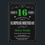 Surprise 16th Birthday Black and Green Chalkboard Invitation<br><div class="desc">Surprise 16th Birthday Invitation Black and Green Typography. Chalkboard. Black and White Background. Kids Birthday. Male Men or Women Birthday. Kids Boy or Girl Lady Teen Teenage Bday Invite. 13th 15th 16th 18th 20th 21st 30th 40th 50th 60th 70th 80th 90th 100th. Any Age. For further customization, please click the...</div>