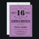 Surprise 16th Birthday Black and Purple Invitation<br><div class="desc">Surprise 16th Birthday Invitation Black and Purple Typography. Black and Purple Background. Kids Birthday. Male Men or Women Birthday. Kids Boy or Girl Lady Teen Teenage Bday Invite. 13th 15th 16th 18th 20th 21st 30th 40th 50th 60th 70th 80th 90th 100th. Any Age. For further customization, please click the "Customize...</div>