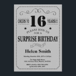 Surprise 16th Birthday Black and Silver Grey Invitation<br><div class="desc">Surprise 16th Birthday Invitation Black and Silver Grey Typography. Black and Silver Grey Grey Background. Kids Birthday. Male Men or Women Birthday. Kids Boy or Girl Lady Teen Teenage Bday Invite. 13th 15th 16th 18th 20th 21st 30th 40th 50th 60th 70th 80th 90th 100th. Any Age. For further customization, please...</div>