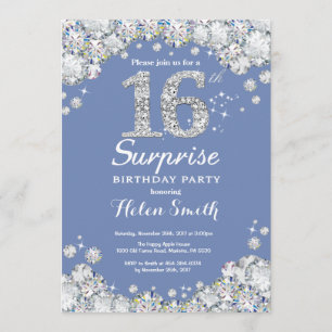 Surprise 16th Birthday Blue Silver Diamond Invitation