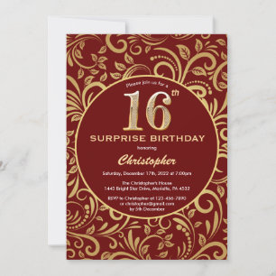 Surprise 16th Birthday Burgundy Red & Gold Floral Invitation