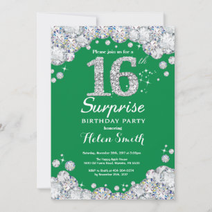 Surprise 16th Birthday Green and Silver Diamond Invitation
