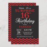 Surprise 16th Birthday Invitation Black and Red<br><div class="desc">Surprise 16th Birthday Invitation with Black and Red Chevron. Chalkboard. Kids Birthday. Boy or Girl Bday Invite. For further customization,  please click the "Customize it" button and use our design tool to modify this template.</div>