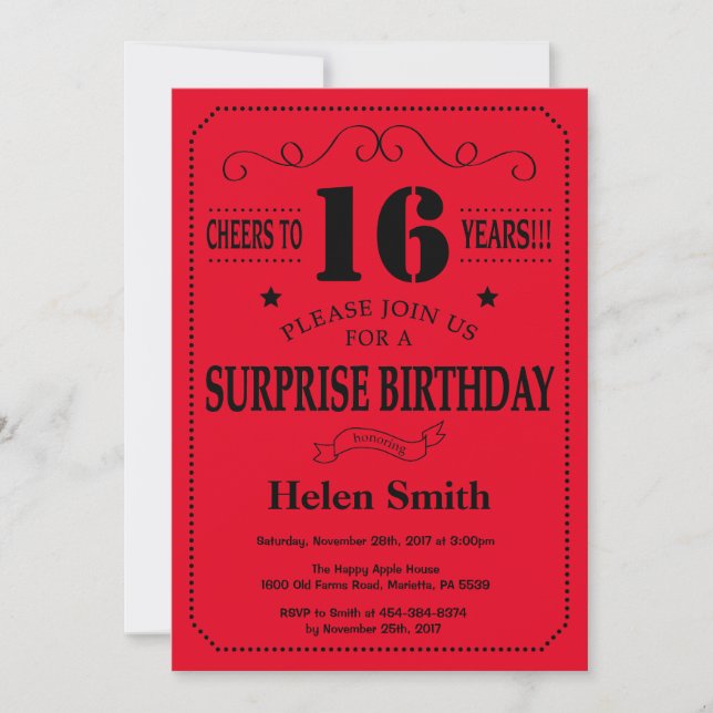 Surprise 16th Birthday Invitation Black and Red (Front)