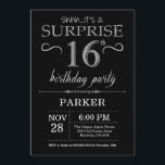 Surprise 16th Birthday Invitation Black and Silver<br><div class="desc">Surprise 16th Birthday Invitation with Black and Silver Glitter Background. Chalkboard. Kids Birthday. Boy or Girl Lady Teen Teenage Bday Invite. Any age. For further customization,  please click the "Customize it" button and use our design tool to modify this template.</div>