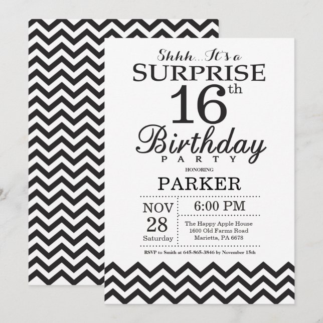 Surprise 16th Birthday Invitation Black Chevron (Front/Back)