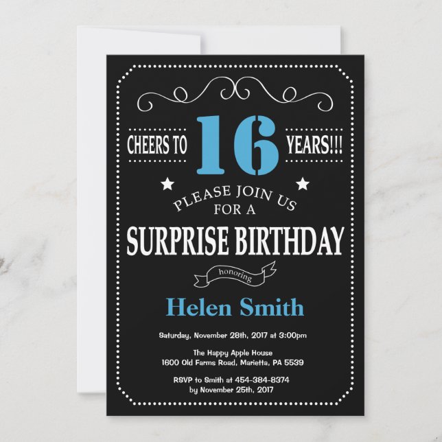 Surprise 16th Birthday Invitation Blue and Black (Front)