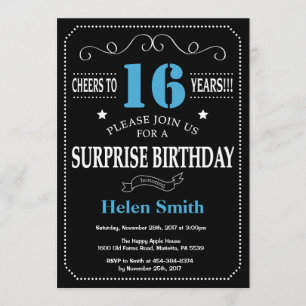 Surprise 16th Birthday Invitation Blue and Black