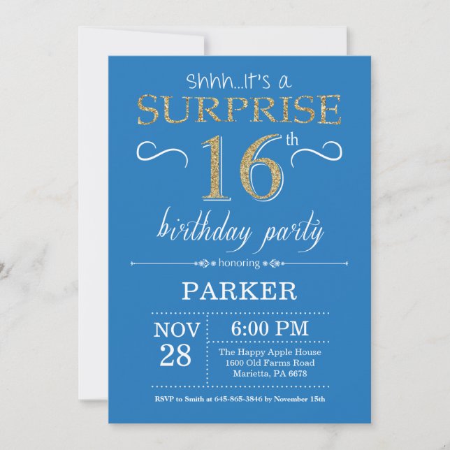 Surprise 16th Birthday Invitation Blue and Gold (Front)