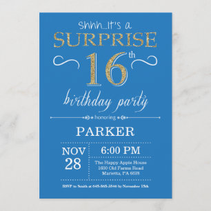 Surprise 16th Birthday Invitation Blue and Gold