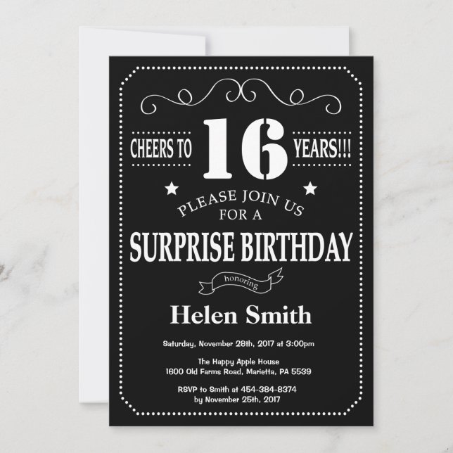 Surprise 16th Birthday Invitation Chalkboard (Front)