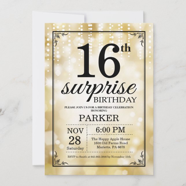 Surprise 16th Birthday Invitation Gold Glitter (Front)