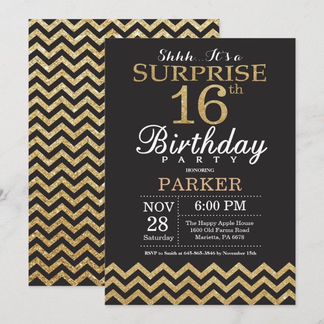 Surprise 16th Birthday Invitation Gold Glitter (Front/Back)