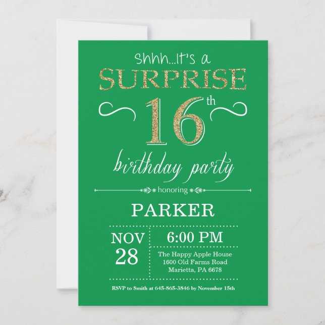 Surprise 16th Birthday Invitation Green and Gold (Front)