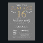 Surprise 16th Birthday Invitation Grey and Gold<br><div class="desc">Surprise 16th Birthday Invitation with Grey and Gold Glitter Background. Chalkboard. Kids Birthday. Boy or Girl Lady Teen Teenage Bday Invite. Any age. For further customization,  please click the "Customize it" button and use our design tool to modify this template.</div>
