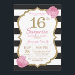 Surprise 16th Birthday Invitation Pink Black Gold<br><div class="desc">Surprise 16th Birthday Invitation. Pink Black and Gold. Gold Glitter. Black and White Stripes. Pink Floral Flower. Kids Birthday. Girl Lady Teen Teenage Birthday Party. For further customization,  please click the "Customize it" button and use our design tool to modify this template.</div>