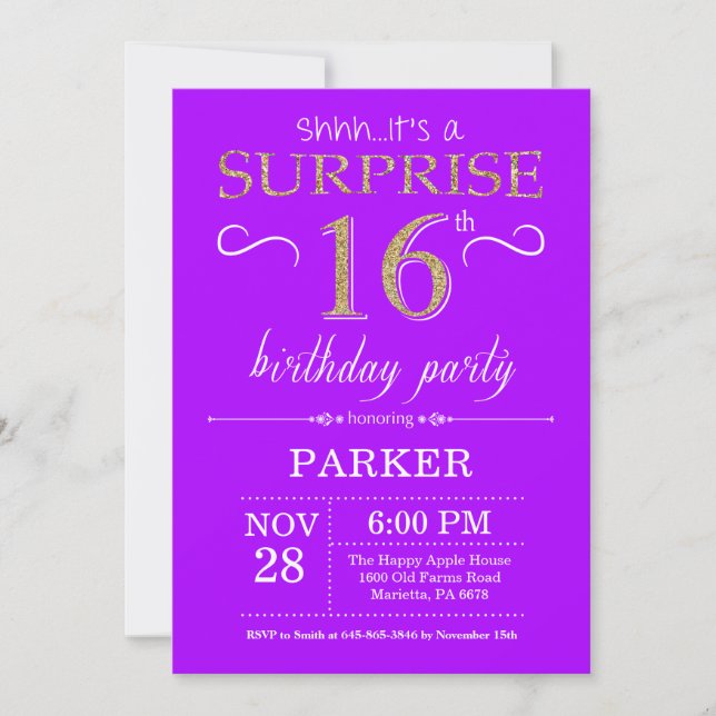 Surprise 16th Birthday Invitation Purple and Gold (Front)