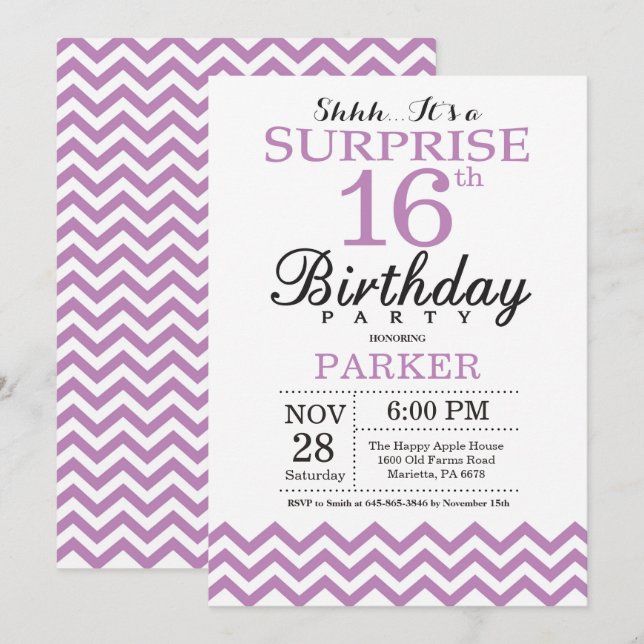 Surprise 16th Birthday Invitation Purple Chevron (Front/Back)