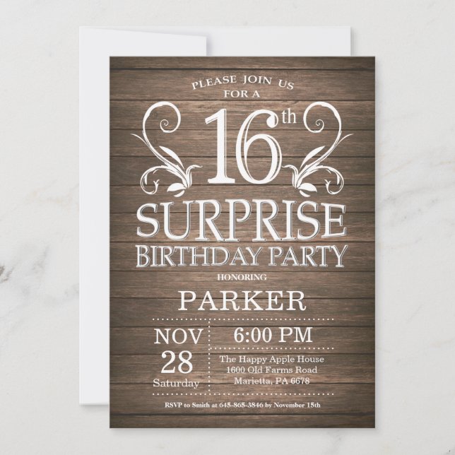 Surprise 16th Birthday Invitation Rustic Wood (Front)