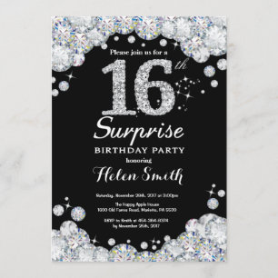 Surprise 16th Birthday Invitation Silver Diamond