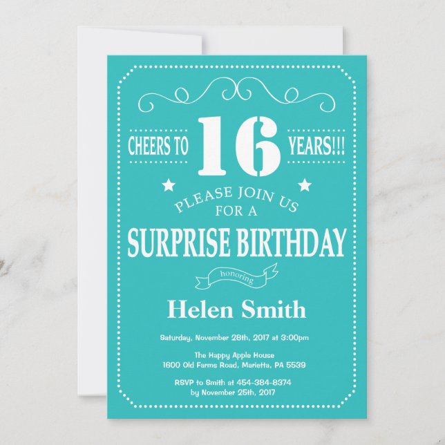 Surprise 16th Birthday Invitation Teal and White (Front)
