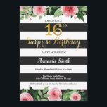 Surprise 16th Birthday Invitation Teen Floral<br><div class="desc">Surprise 16th Birthday Invitation for Teen Girl Lady. Black and Gold Birthday Party Invite. Gold Glitter. Pink Watercolor Floral Flower. Black and White Stripes. Printable Digital. For further customization,  please click the "Customize it" button and use our design tool to modify this template.</div>