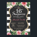 Surprise 16th Birthday Invitation Women. Floral<br><div class="desc">Surprise 16th Birthday Invitation for girl teen lady. Black and Gold Birthday Party Invite. Gold Glitter. Pink Watercolor Floral Flower. Black and White Stripes. Chalkboard. Printable Digital. For further customization,  please click the "Customize it" button and use our design tool to modify this template.S</div>