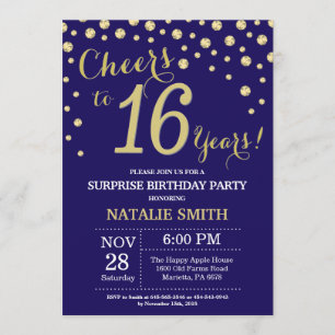 Surprise 16th Birthday Navy Blue and Gold Diamond Invitation