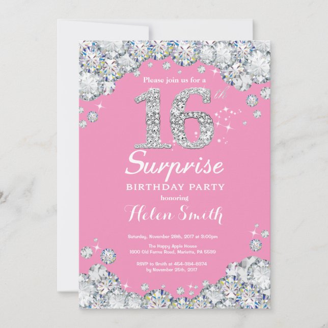 Surprise 16th Birthday Pink and Silver Diamond Invitation (Front)