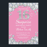 Surprise 16th Birthday Pink and Silver Diamond Invitation<br><div class="desc">Surprise 16th Birthday Invitation. Pink and Silver Rhinestone Diamond Red Background. Elegant Birthday Bash invite. Adult Birthday. Women Birthday. Men Birthday. For further customization,  please click the "Customize it" button and use our design tool to modify this template.</div>
