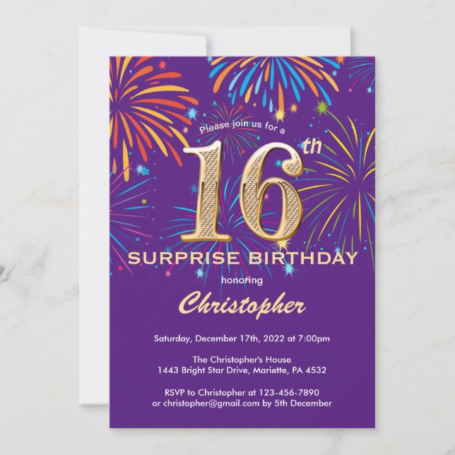 Surprise 16th Birthday Purple and Gold Firework Invitation (Front)