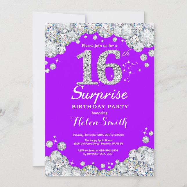 Surprise 16th Birthday Purple and Silver Diamond Invitation (Front)