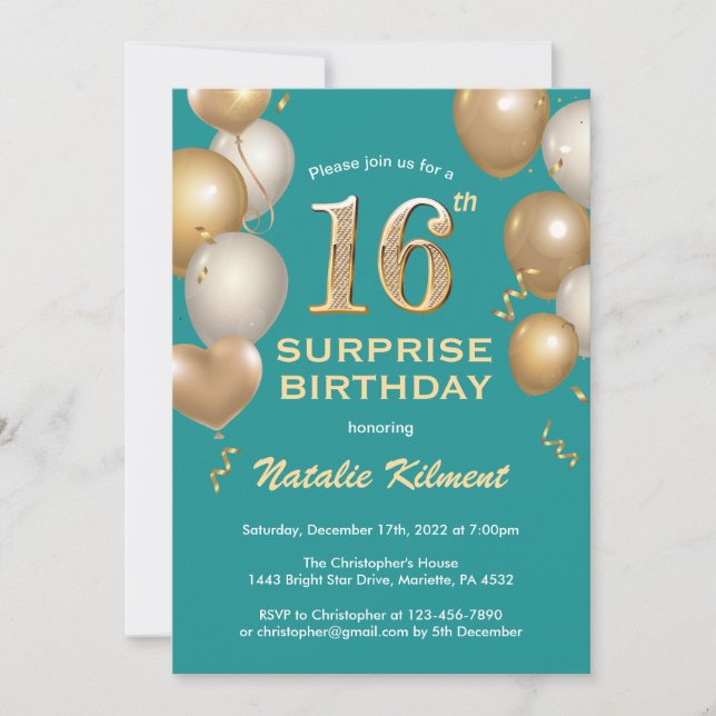 Surprise 16th Birthday Teal and Gold Balloons Invitation (Front)