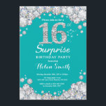 Surprise 16th Birthday Teal and Silver Diamond Invitation<br><div class="desc">Surprise 16th Birthday Invitation. Teal and Silver Rhinestone Diamond Teal Turquoise Aqua Background. Elegant Birthday Bash invite. Adult Birthday. Women Birthday. Men Birthday. For further customization,  please click the "Customize it" button and use our design tool to modify this template.</div>